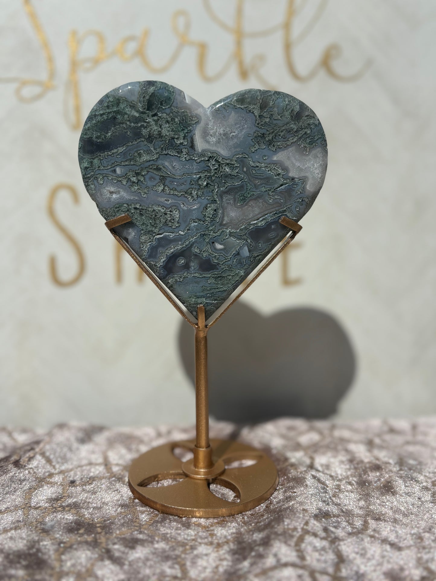 Moss Agate Heart on Gold Stand