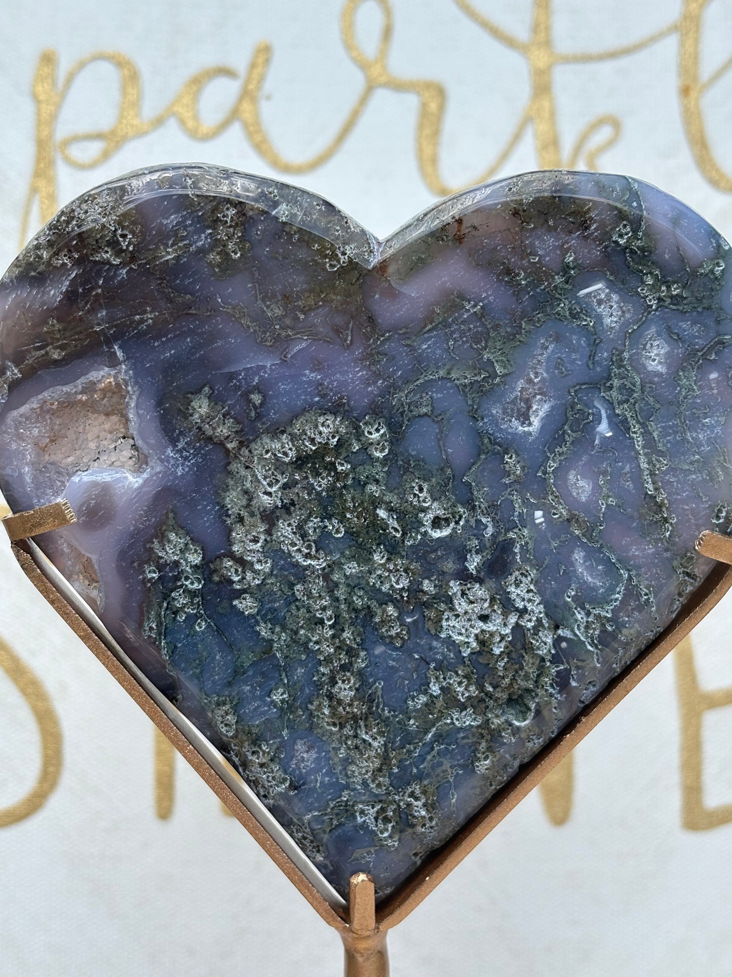 Moss Agate Heart on Gold Stand