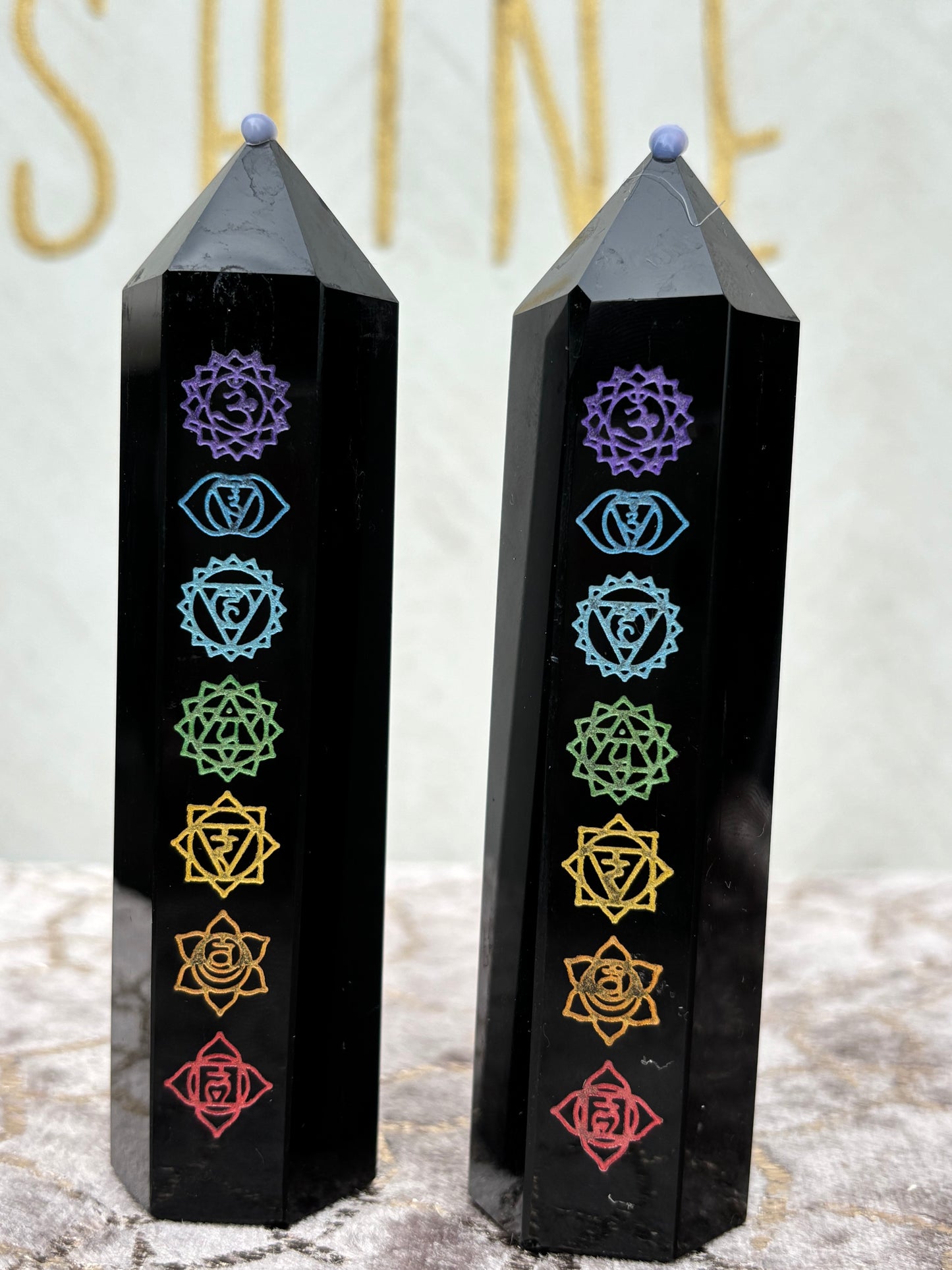 Black Obsidian Chakra Tower with Engraved Symbols