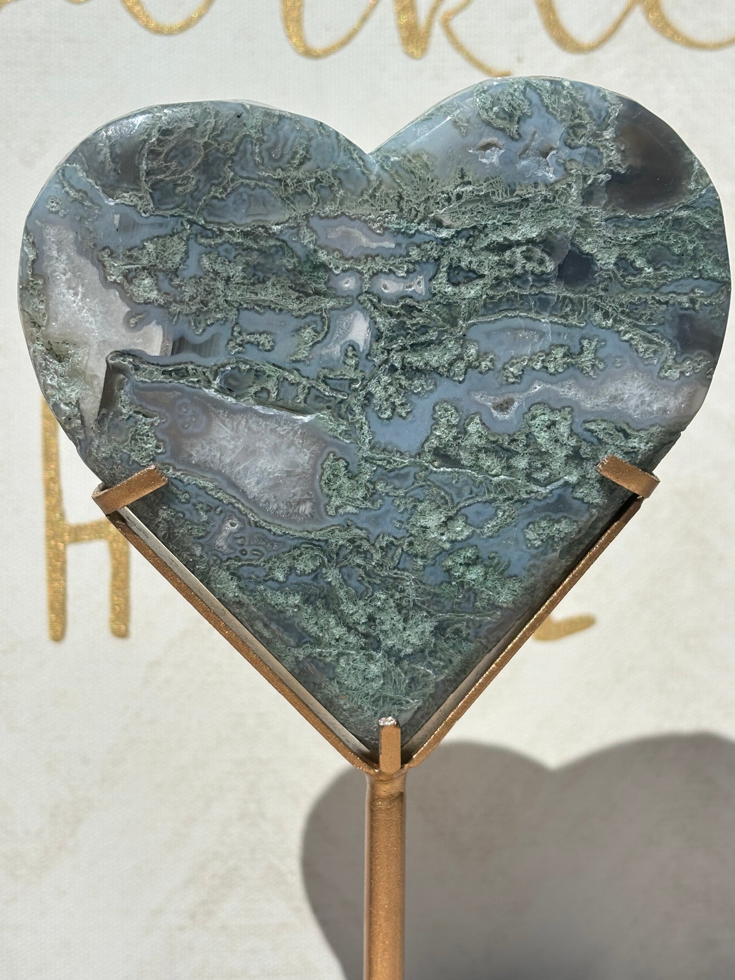 Moss Agate Heart on Gold Stand
