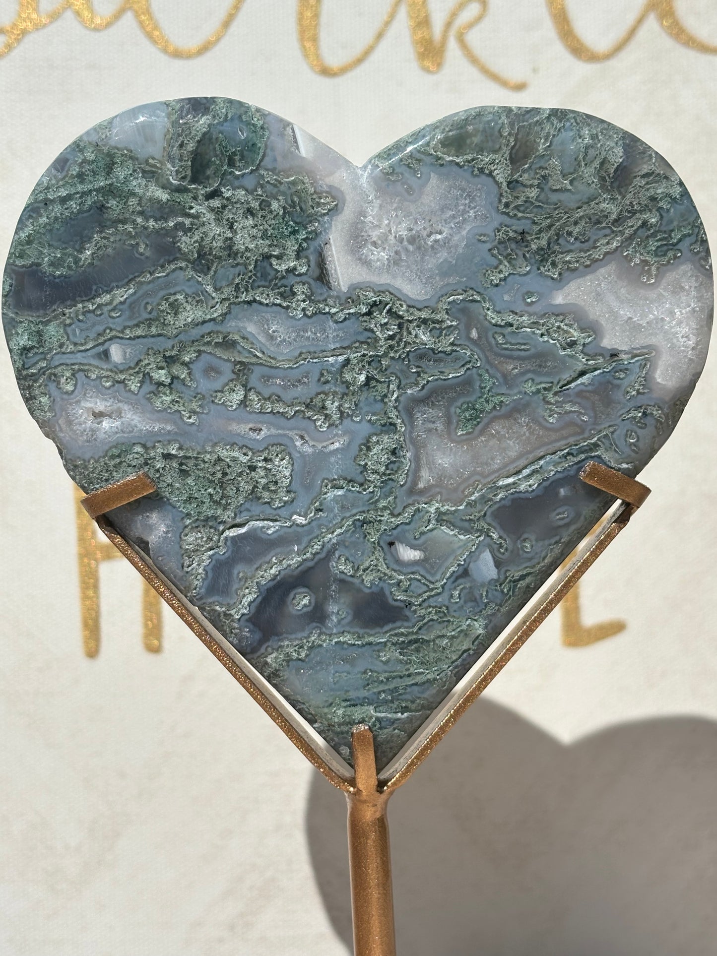 Moss Agate Heart on Gold Stand