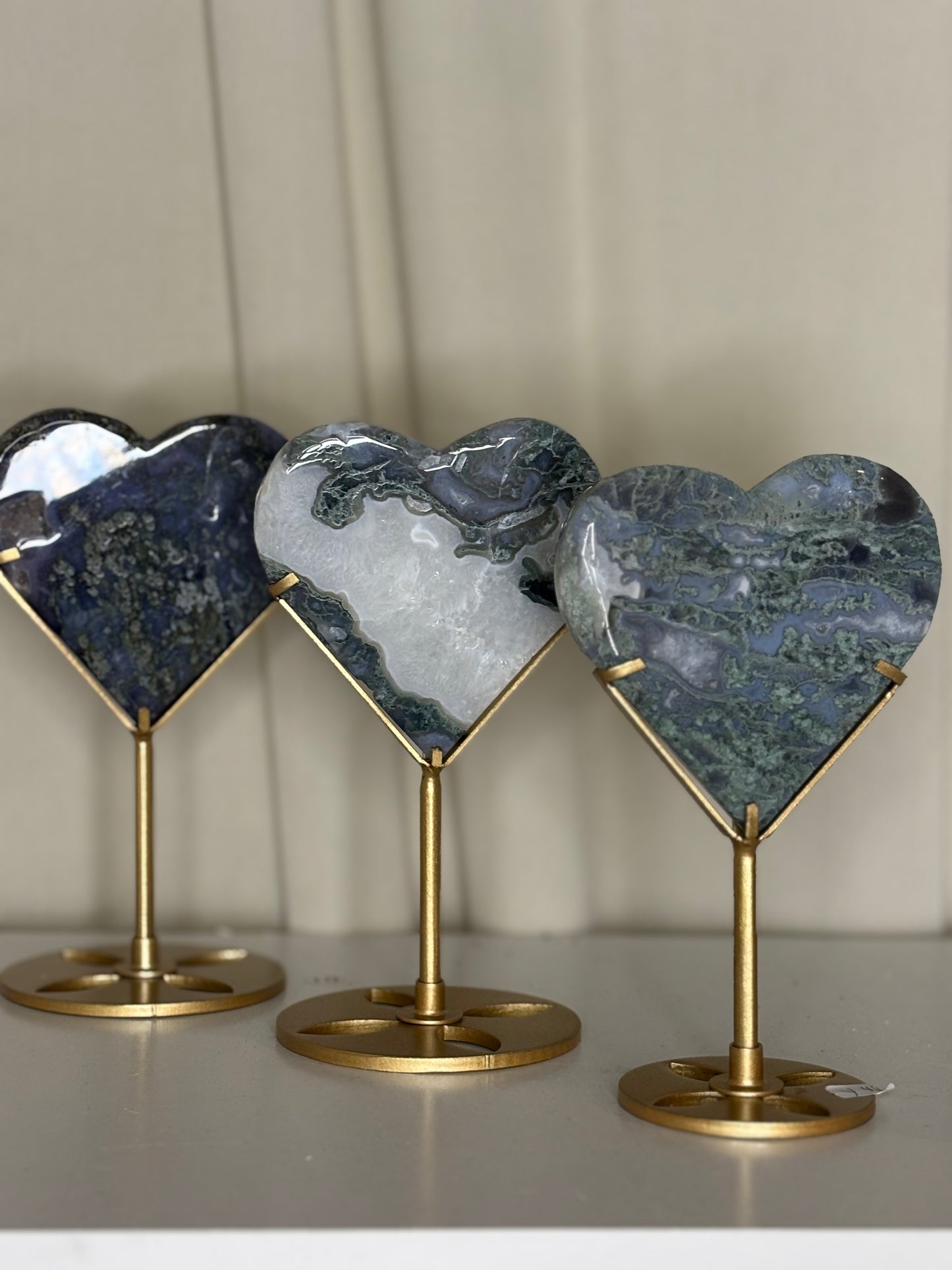 Moss Agate Heart on Gold Stand