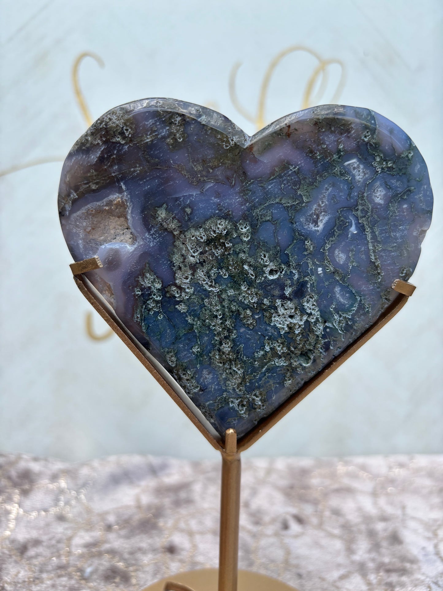 Moss Agate Heart on Gold Stand
