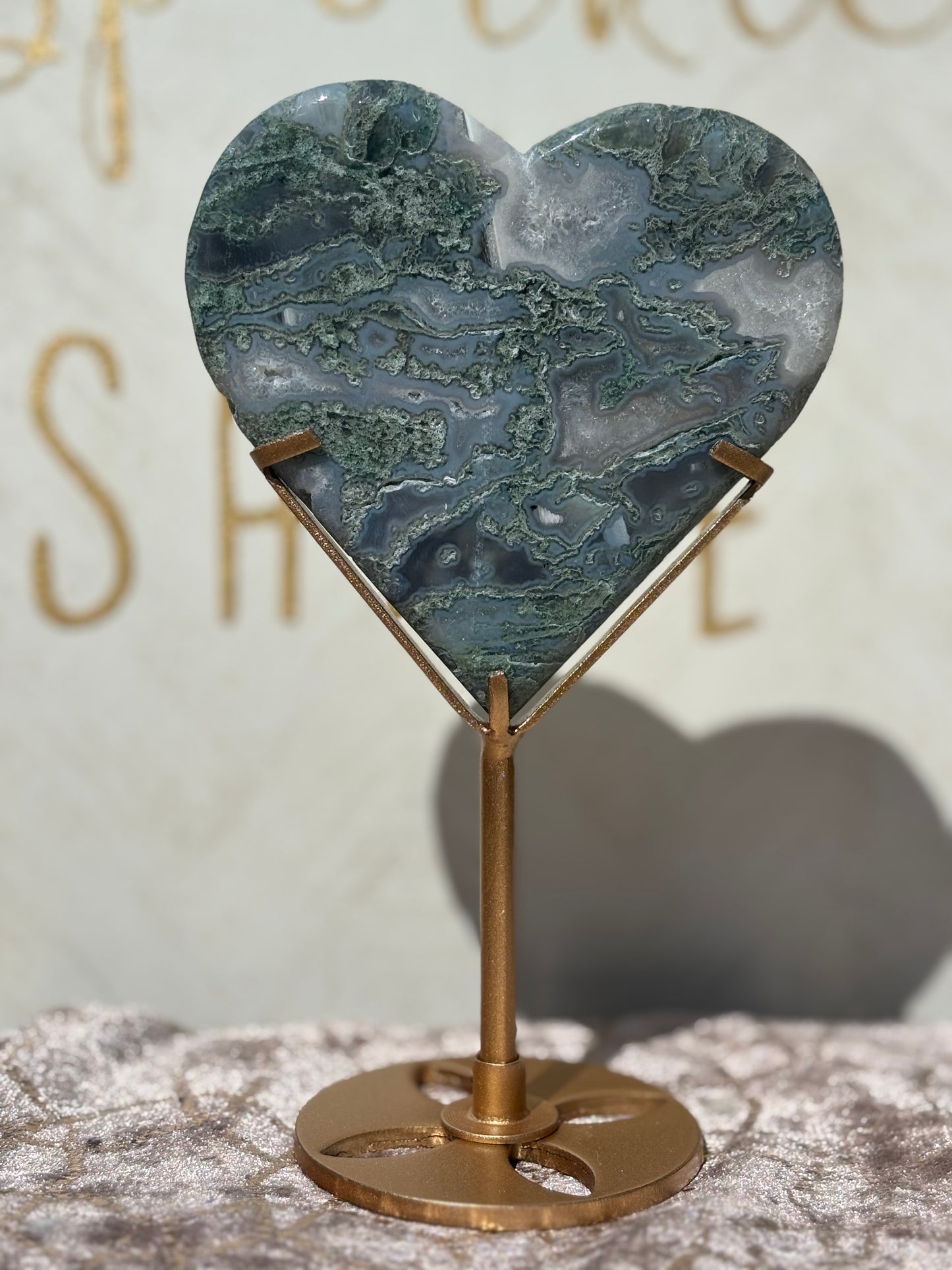 Moss Agate Heart on Gold Stand