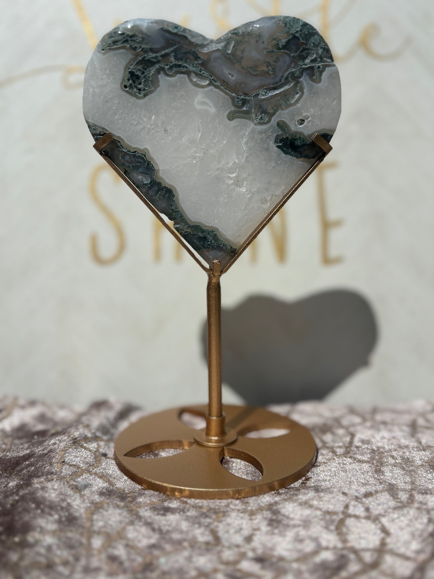 Moss Agate Heart on Gold Stand