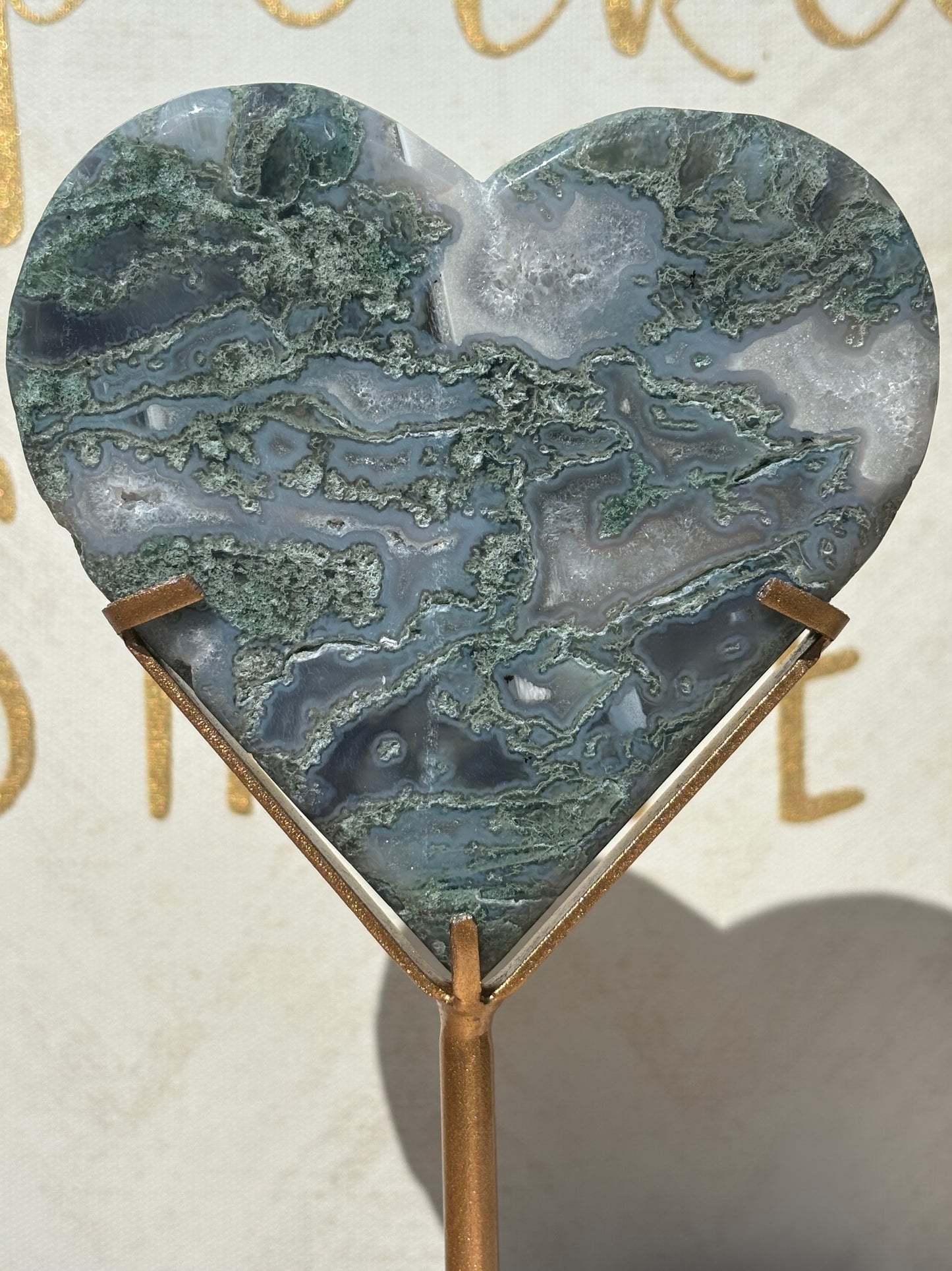 Moss Agate Heart on Gold Stand
