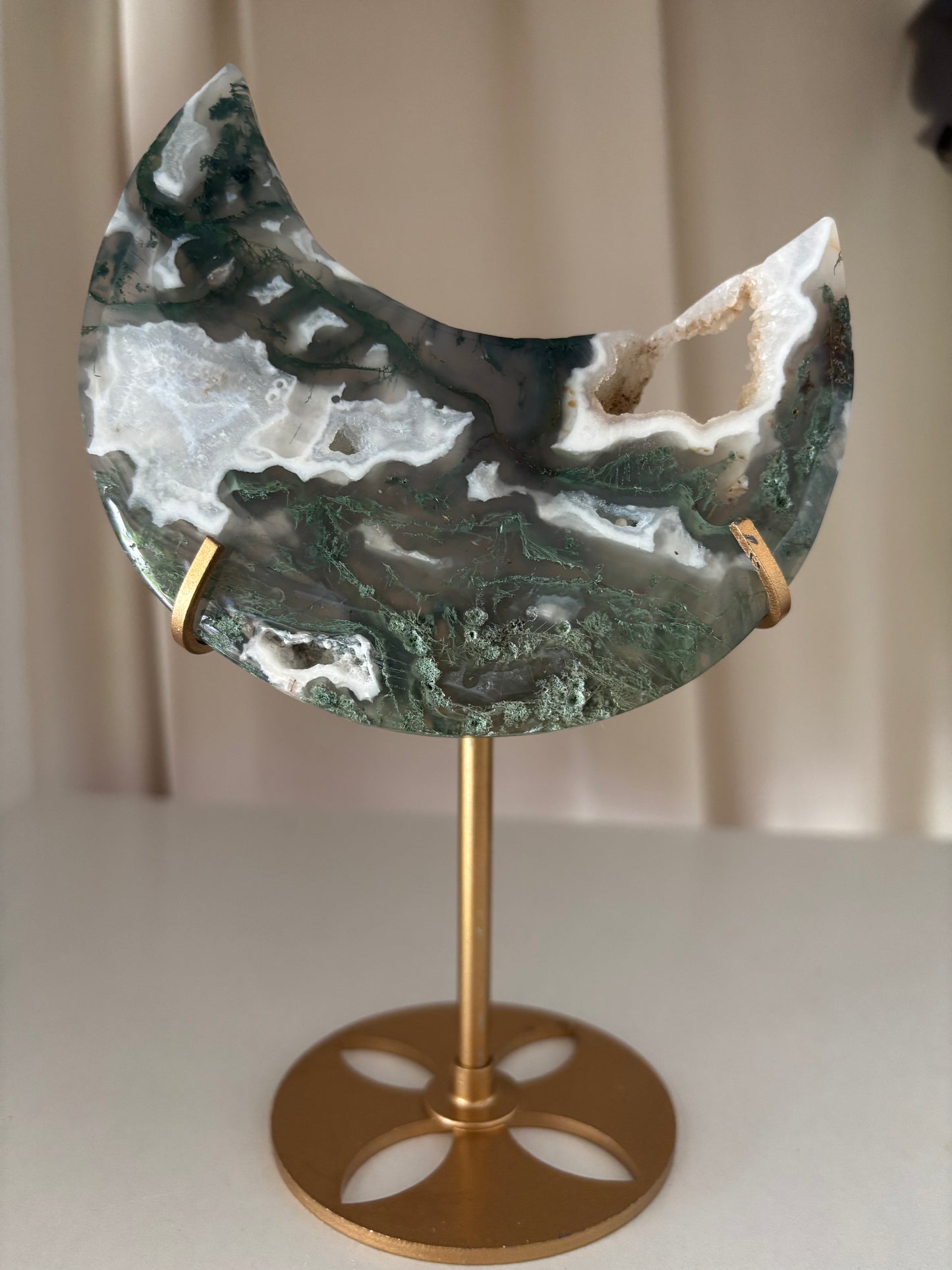 Moss Agate Moon on Stand