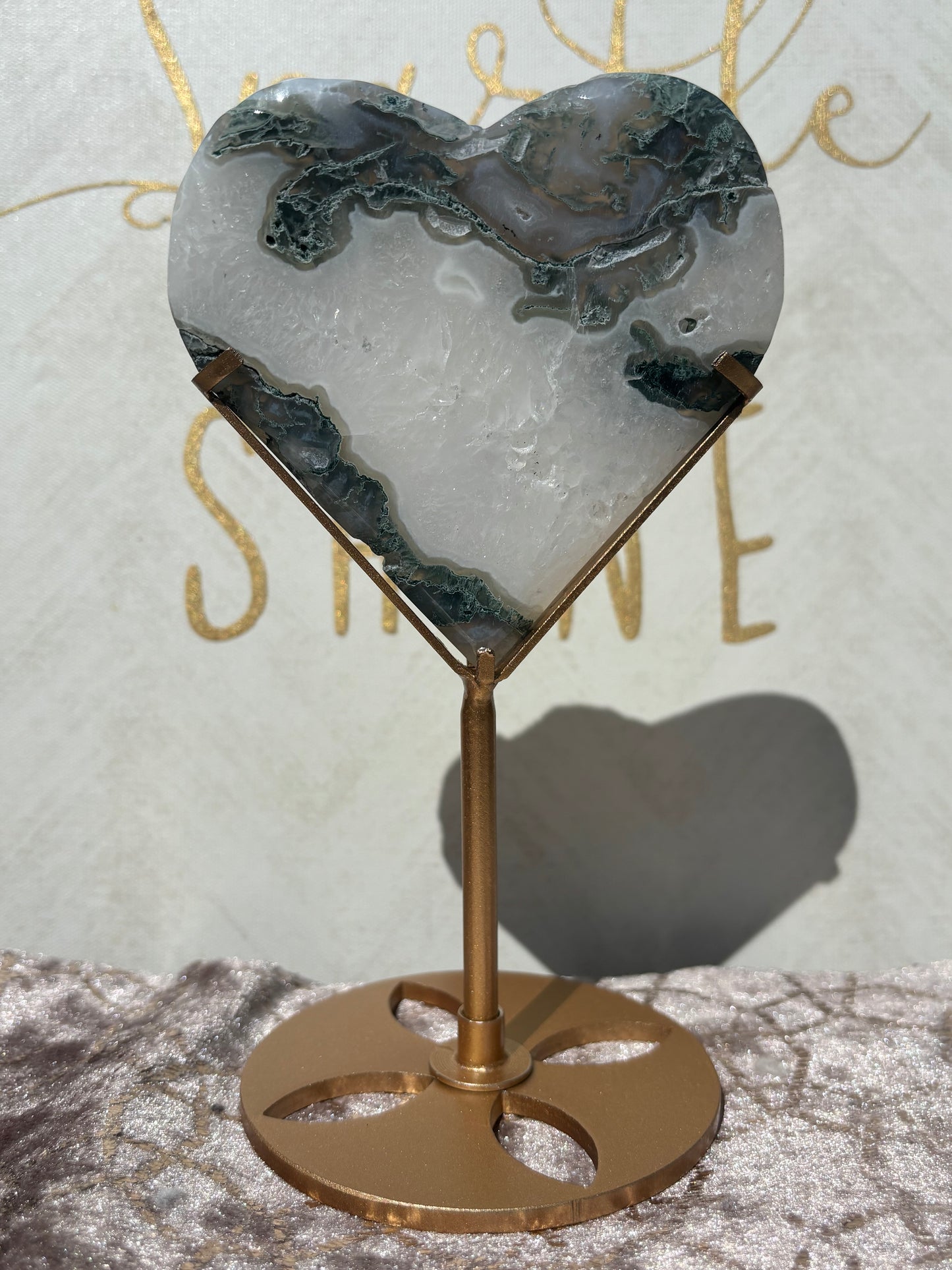 Moss Agate Heart on Gold Stand