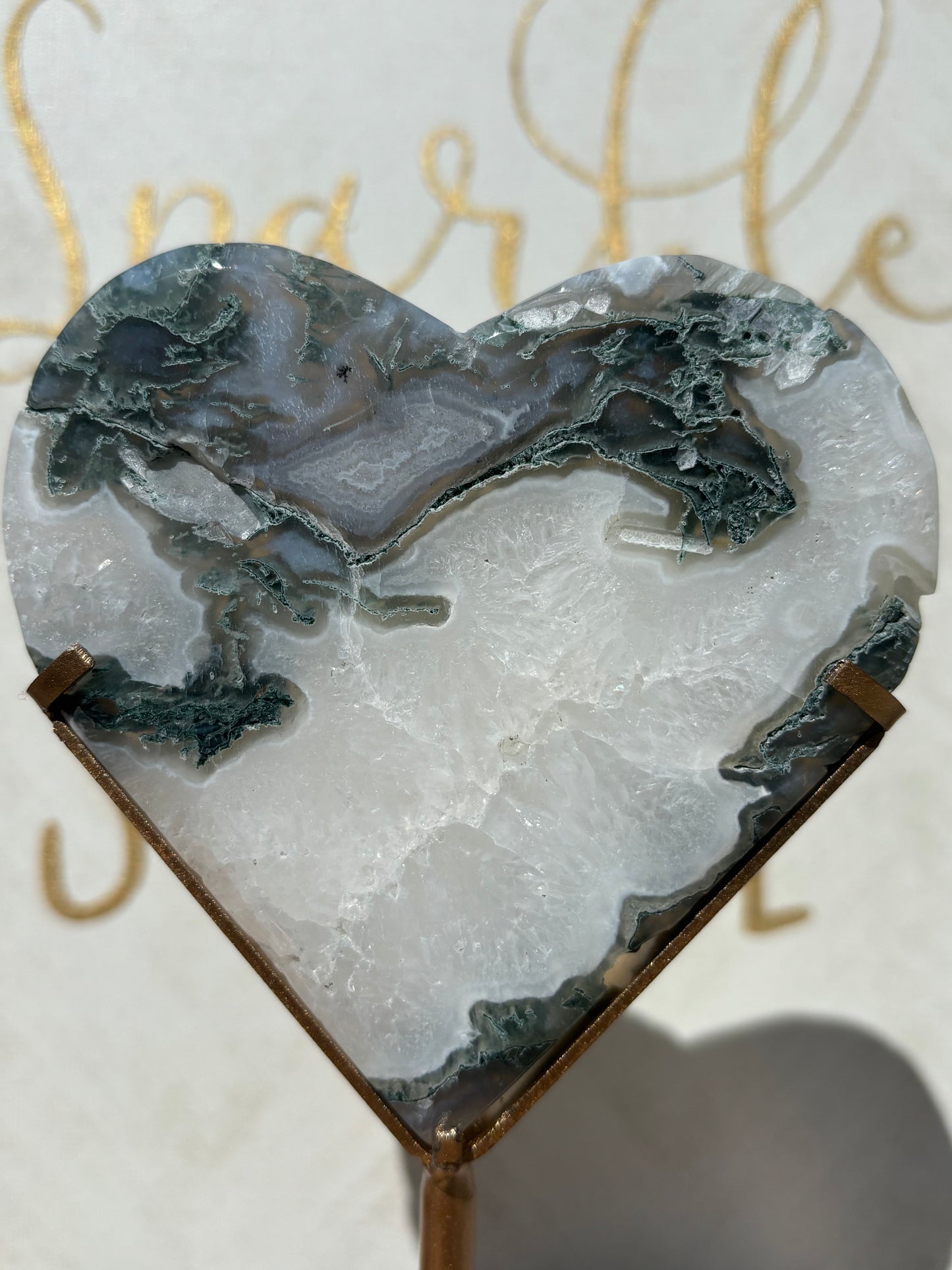 Moss Agate Heart on Gold Stand